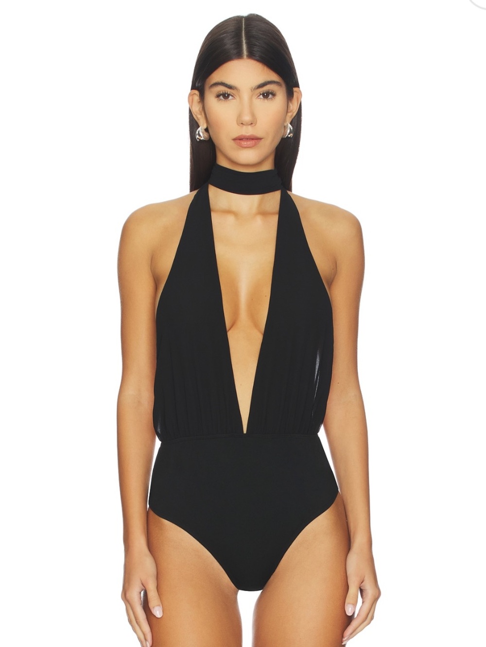 superdown Black Halter Choker Deep V bodysuit